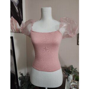 Cute Sheer Puff Sleeve Pink Top